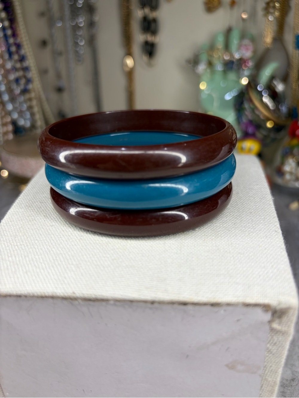 Vintage Bangle Bracelet Set Of 3 Lot Mod Brown Blue Fall Boho Jewelry Retro